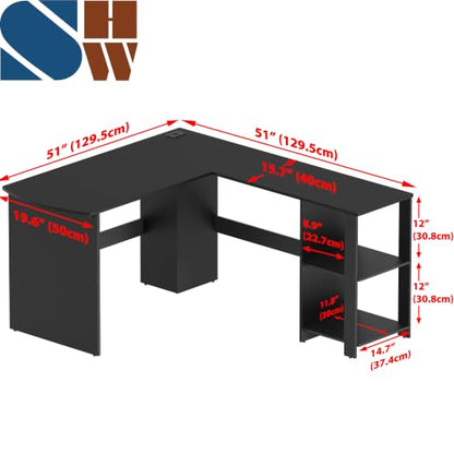 51 x 51 L-Shaped Home Office Wood Corner Desk with Storage, Black, view 3