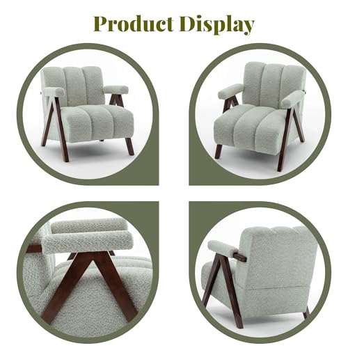 Mid Century Modern Accent Chair with Solid Wood Frame, Boucle Upholstered Living Room Chairs with Thick Cushion, Comfy Tufted Arm Chair for Bedroom, Sage
