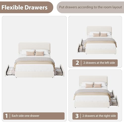 Boucle Queen Upholstered Platform Bed Frame with 2 Storage Drawers, view 4