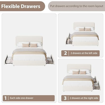 Boucle Queen Upholstered Platform Bed Frame with 2 Storage Drawers, view 4