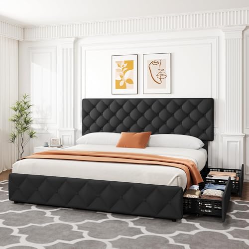 King Size Bed Frame with 4 Storage Drawers and Adjustable Headboard, view 8