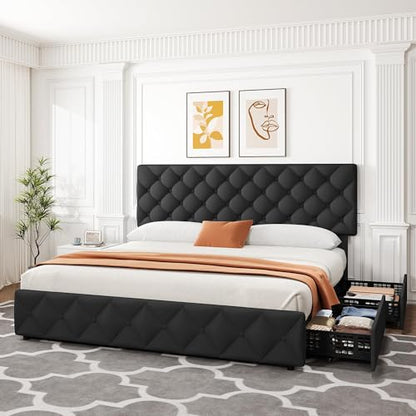 King Size Bed Frame with 4 Storage Drawers and Adjustable Headboard, view 8