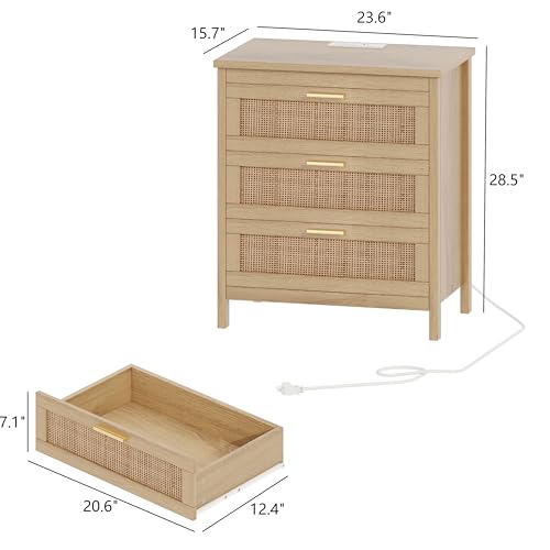 Rattan Nightstand with Charging Station, 23.6" Wide Bedside Table with 3 Drawers, Boho Night Stand with Metal Handles, Accent End Table for Bedroom, Guest Room, Natural