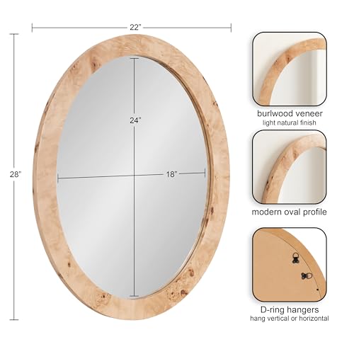 Burlock Modern Burlwood Oval Mirror, 22 x 28, Natural Wood, Transitional Wide Round Mirror for Use as Vanity Bathroom Mirror or Teen Bedroom Decor