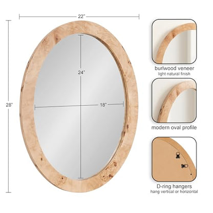 Burlock Modern Burlwood Oval Mirror, 22 x 28, Natural Wood, Transitional Wide Round Mirror for Use as Vanity Bathroom Mirror or Teen Bedroom Decor