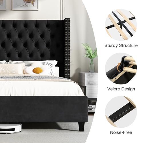 Queen Size Bed Frame with 51.6" Velvet Wingback Headboard, Black, view 6