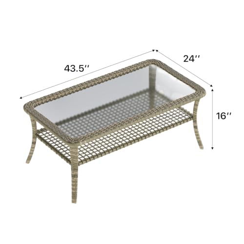 Outdoor Coffee Table with Storage Wicker Patio Coffee Table, All-Weather Tempered Glass Top Coffee Table for Patio Furniture Set for Balcony, Garden, Deck, Backyard, Black