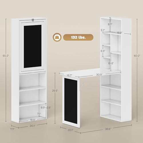 Foldable Convertible Writing Table, Wall Mounted Space-Saving Computer Desk with Chalkboard and Storage Shelves for Small Spaces, Home Office, Bedroom, Dorm, Apartment, White