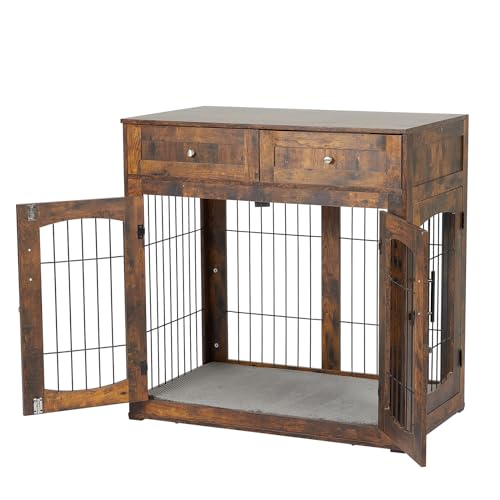 GarveeHome Dog Crate Furniture,Wood Kennel Indoor with Drawers Storage, view 2
