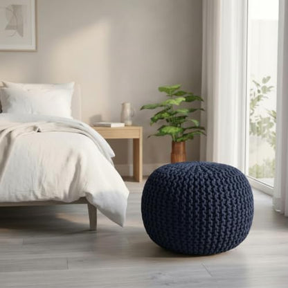 Hand Knitted Upholstered Pouf Cotton Braid Cord Cable Ottoman - Foot Stool - Accent Seat Furniture Bean Bag 18x18x14 Inches - Blue (Navy)