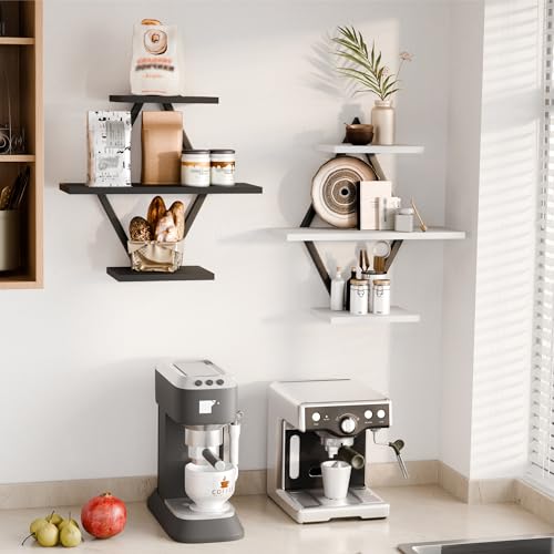 Floating Wall Shelves, Set of 2, Black & White | 3-Tier Hanging, Wall Mounted, Sturdy & Durable, For Bathroom, Living Room, Bedroom, Kitchen, Office