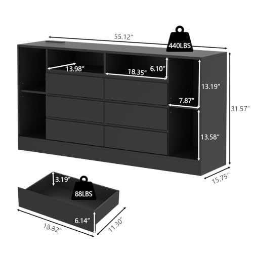 6 Drawers Dresser with 6 Open Storage Cubbies, view 3