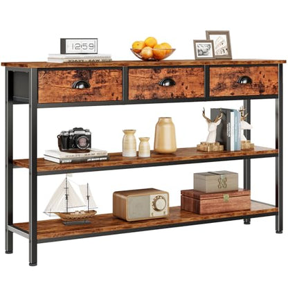 47" Console Table with 3 Drawers, 3-Tier Sofa Table for Behind Couch with Open Wooden Shelves, Industrial Display Shelf for Hallway,Entry Way, Living Room, Kitchen, Foyer, Rustic Brown
