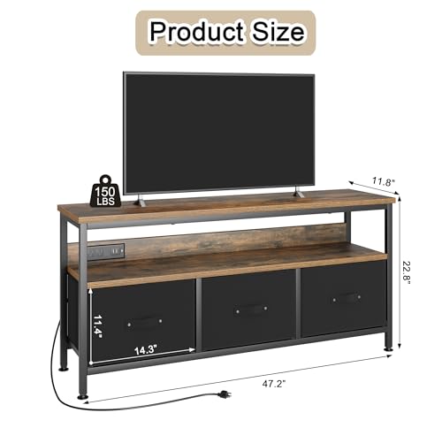 39" TV Stand for TVs up to 50", Media Console with Charging Station & LED Lights, 2 Drawer Storage Chest, Gaming Entertainment Center with Storage for Living Room, Brown, Medium