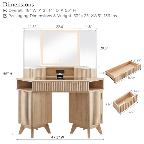 48" Fluted Corner Makeup Vanity Desk with 3 Way Mirror and Light, view 3