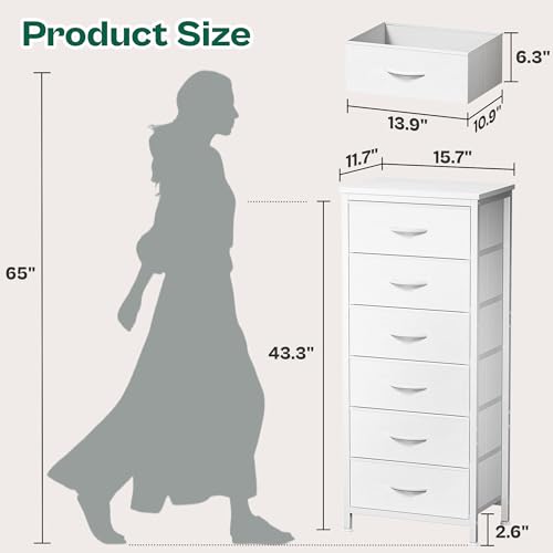 Tall Dresser for Bedroom, Stable 6 Drawer Dresser with Anti-Tip Device, PU Leather & Fabric Drawers, Tall Nightstand for Closet, Nursery, Storage Tower for College Dorm High Beds, White
