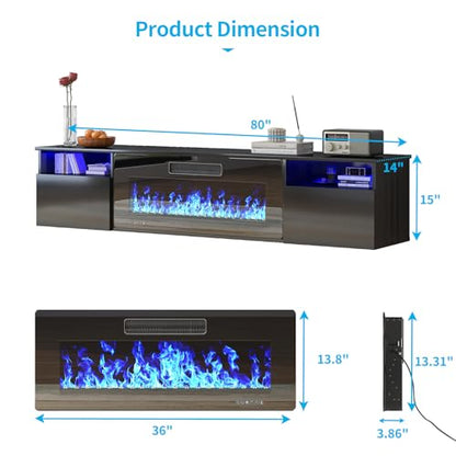 70" Floating TV Stand with 36" Electric Fireplace Heater, Black, view 3