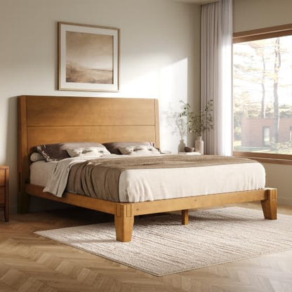 Solid Wood Queen Bed Frame with Headboard, Japanese Joinery, Brown, view 4