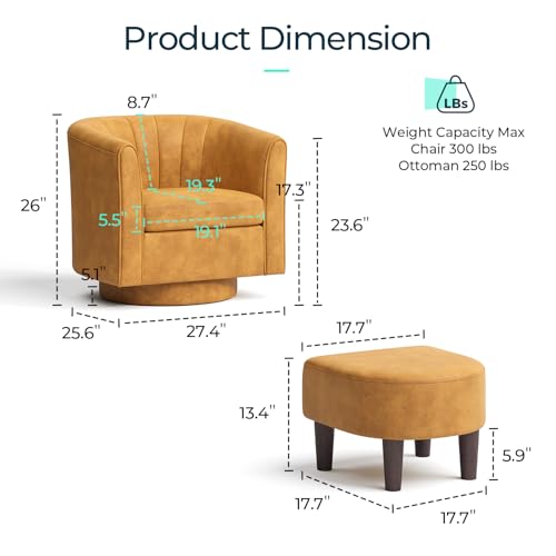 Swivel Accent Chair Ottoman Set: Velvet Small Barrel Chair with Foot Rest, Modern Reading Chair Upholstered Armchair with Footrest for Living Room Bedroom Study Room Office (Yellow)
