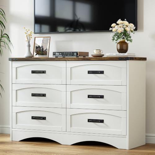 47" Farmhouse 6-Drawer Dresser for Bedroom, Pure White + Walnut, view 5