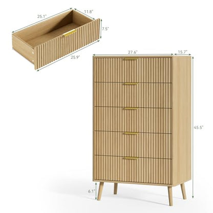 Fluted Dresser and Nightstand Sets 4 Piece, 2-Drawer Nightstands and 5/7 Drawers Dresser, Wood Bedroom Furniture Set for Home, Bedroom, Hallway, Oak