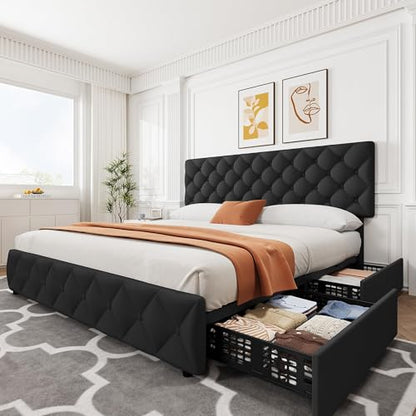 King Size Bed Frame with 4 Storage Drawers and Adjustable Headboard, view 2