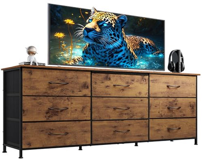Dresser TV Stand for 75 Inch TV, with 9 Fabric Drawers, Rustic Brown, view 2