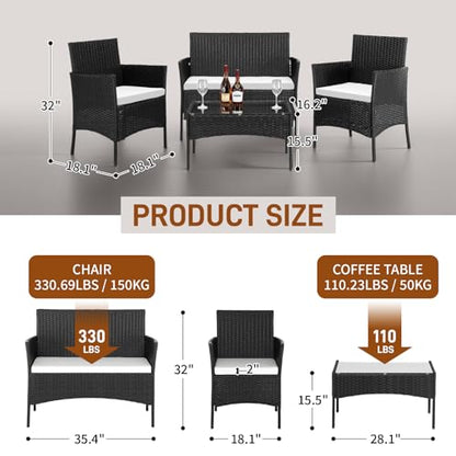 4 Pieces Patio Furniture Set, Rattan Conversation Sets, Black | Loveseat with Soft Cushion, Glass Table for Garden Backyard Balcony Porch Poolside