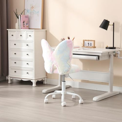 Kids Desk Chair, Faux Fur Butterfly Chair with Wheels Adjustable Cute Swivel Kids Office Chair for Bedroom Reading Room - Colorful