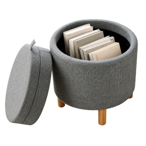 Round Storage Ottoman with Tray, Accent Storage Footstool, Gray, view 2