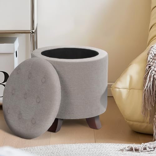 15 Inch Small Ottoman with Storage, Round Linen Fabric Storage Ottoman Foot Rest with Removable Lid, Multipurpose Footstool Footrest for Living Room, Bedroom, Dorm, Khaki