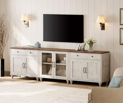 Farmhouse TV Stand for 100 Inch TV, 3-in-1 TV Console Table for 75/80/85/90 Inch TV, Entertainment Center with Glass & Wood Door, Kitchen Sideboard Buffet Cabinet for Living Room, Rustic White