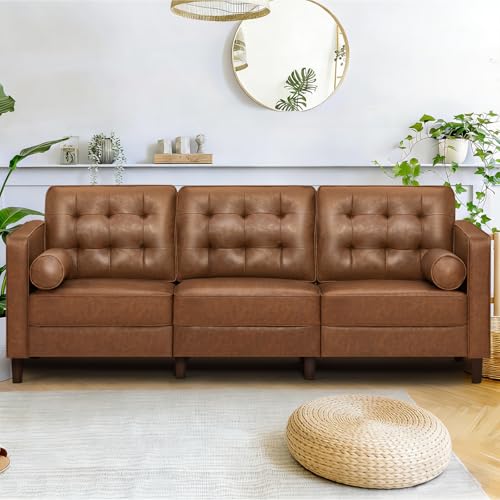 84 Inches Modern Faux Leather 3-Seat Sofa w/2 Bolster Pillows & Tufted Backrest, Mid-Century Couch, Premium 3 Seaters Sofa for Living Room, Bedroom, Office, Brown