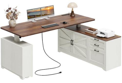 63'' Farmhouse L Shaped Standing Desk with Outlets and Drawers, view 2
