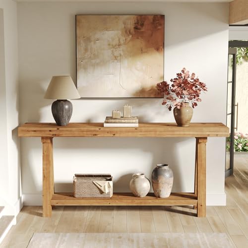 70.9-Inch Solid Wood Console Table for Entryway, Farmhouse Long Sofa Table with Shelves for Living Room, Hallway, Foyer, Easy Assembly