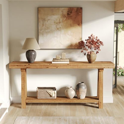 70.9-Inch Solid Wood Console Table for Entryway, Farmhouse Long Sofa Table with Shelves for Living Room, Hallway, Foyer, Easy Assembly