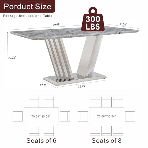 Marble Dining Table for 6 People, 70'' Rectangle Faux Marble Dining Table with Mirrored Stainless Steel Base, Large Size Marble Kitchen Table (Silver,Grey)(only Table)