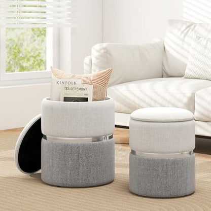 Ottoman with Storage - Set of 2 Storage Ottomans, 1 Large & 1 Small Nesting Ottoman Side Table, Upholstered Linen Round Foot Rest Vanity Stool for Bedroom Living Room (Gray)