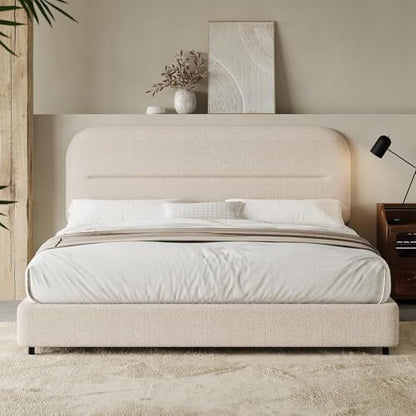 Queen Size Cloud Bed Frame, Beige Plush Boucle Upholstered Bed, view 5