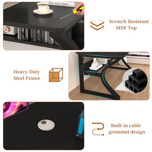 55 X 24 inch Computer Desk, Office Desk w/Storage,Cable Management, Sturdy U-Shaped Metal Frame, Mordern Home Office Desks for Gaming Study Writing (Black, 55 inch)