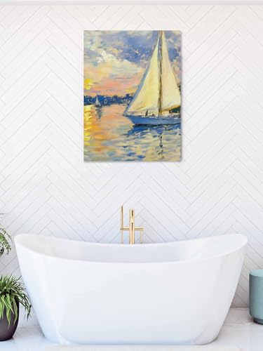 NuYeBiofx Coastal Ocean Sailboat Canvas Wall Art Prints,48"x32" Framed Picture Artwork Nautical Theme Oil Painting Art Printed Canvas Oil Painting for Living Room Bedroom Office,Ready to Hang