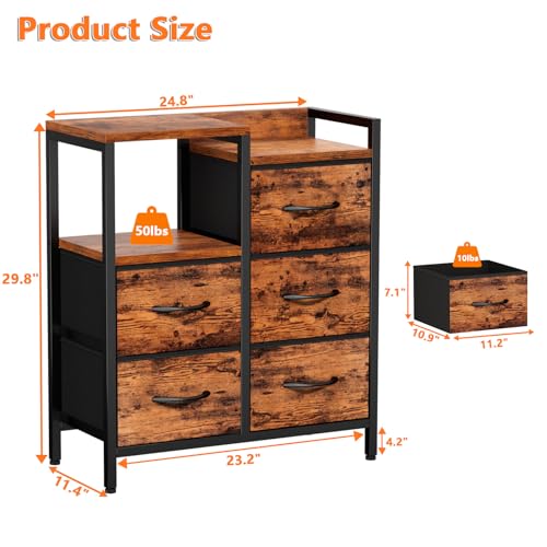 Rustic Brown Dressers for Bedroom, 5 Drawer Dresser for Closet, view 4