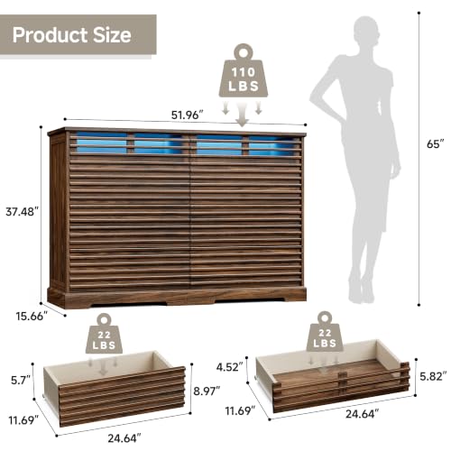 52"W Walnut 8 Drawer Dresser with LED Lights Fluted Dresser for Bedroom, view 3