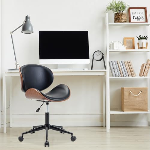Mid Century Modern Shell Chair, Classic Tripod Design Walnut Plywood Faux Leather Upholstered Lounge Armless Chair for Living Room Reading Lounge,Black