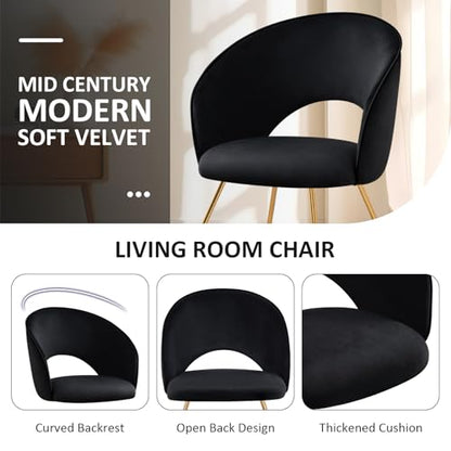 Velvet Accent Chair for Living Room, Comfortable Upholstered Barrel Vanity Chair with Back, Mid Century Black Makeup Chair with Gold Legs (Black)
