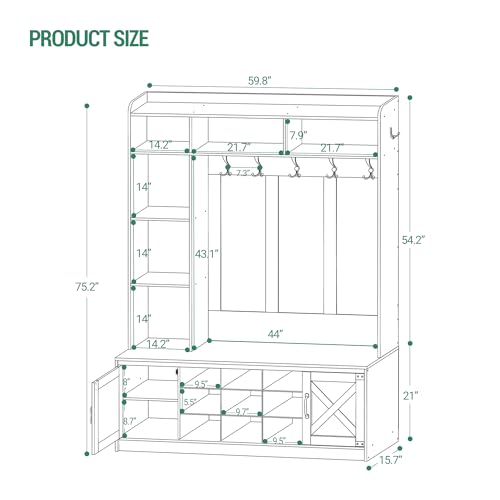 59.8" Hall Tree, LED Farmhouse Entryway Storage and Coat Rack Wood, view 4