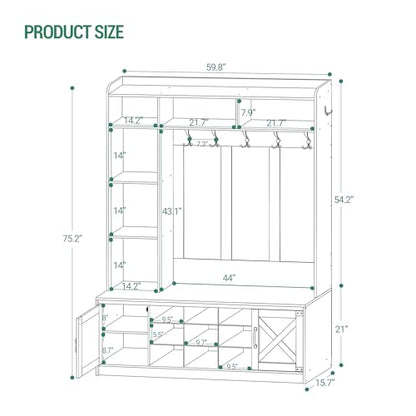 59.8" Hall Tree, LED Farmhouse Entryway Storage and Coat Rack Wood, view 4