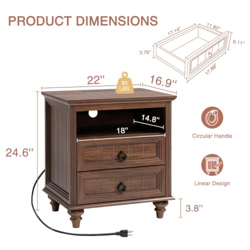 Farmhouse Nightstand with Charging Station, 22" Large End Table with 2 Drawers & Open Shelf, Rustic Wood Square Sofa Side Bedside Table w/4 Solid Wood Feet for Living Room, Bedroom,Walnut