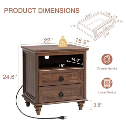 Farmhouse Nightstand with Charging Station, 22" Large End Table with 2 Drawers & Open Shelf, Rustic Wood Square Sofa Side Bedside Table w/4 Solid Wood Feet for Living Room, Bedroom,Walnut