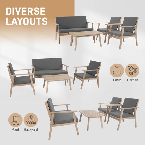 Outdoor Patio Furniture, 4 Piece Acacia Wood Sofa Set w/Coffee Table, Patio Table and Chairs Set for Deck, Balcony, Backyard (Light Natural)